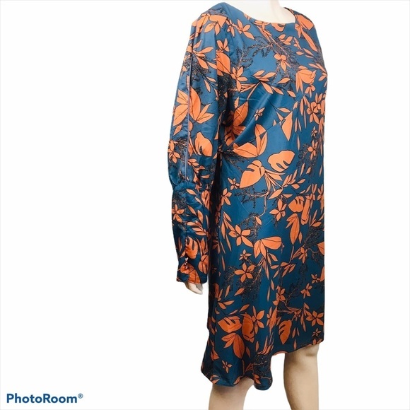 Suzanne Betro Plus Size 1X Blue Orange Floral Teal Sheath Long Sleeved D… - Picture 4 of 13